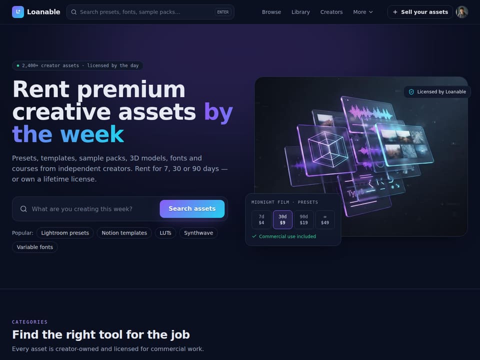 Loanable template landing page